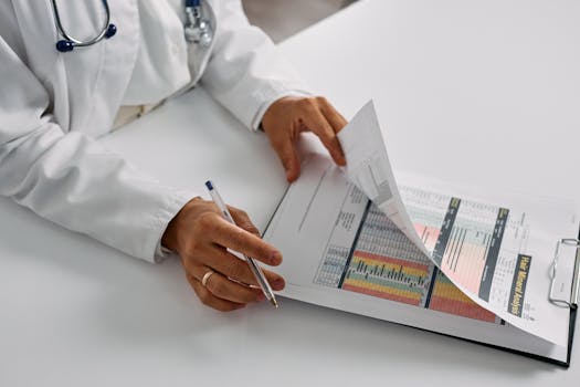 A medical professional checking patient reports with a clipboard in an office setting.